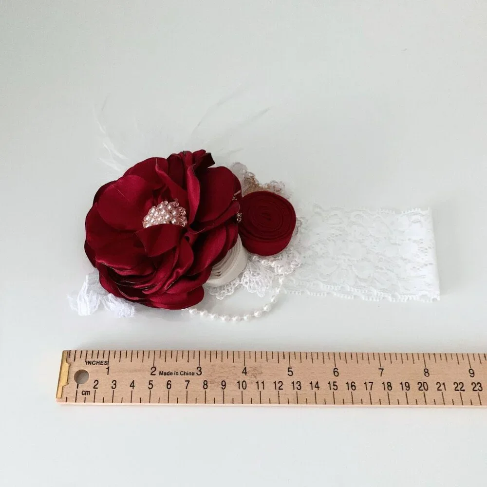 NWT Pretty Vintage Inspired Girls Headband Floral Beaded Lace Crimson Red OS